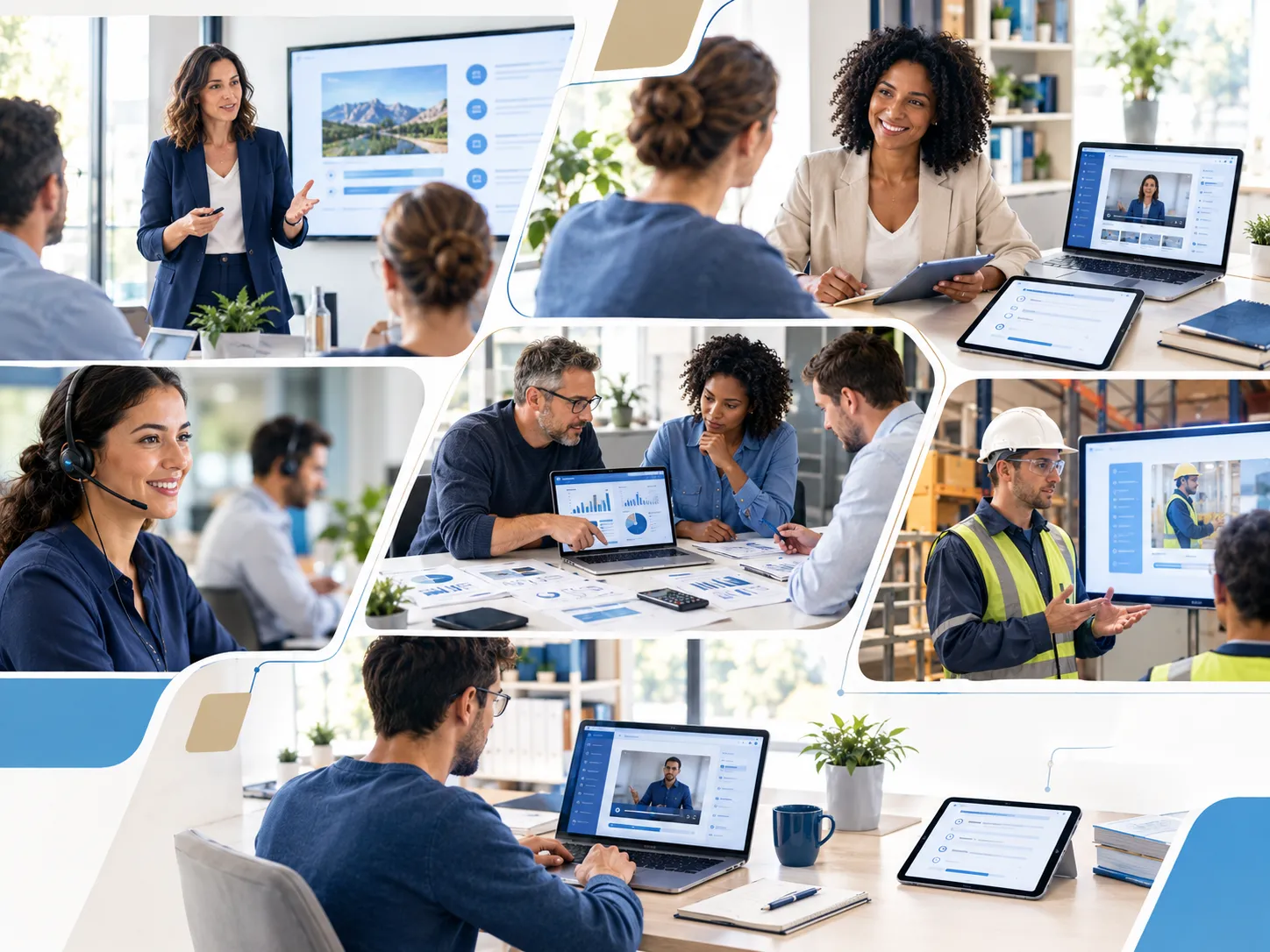 Collage of six professional training scenes: a trainer leads a session in front of a screen, two colleagues discuss a laptop, an adviser wears a headset in an open-plan office, a team analyses charts on a laptop, a warehouse session features a hard hat and safety vest, and a learner watches a video course at a desk