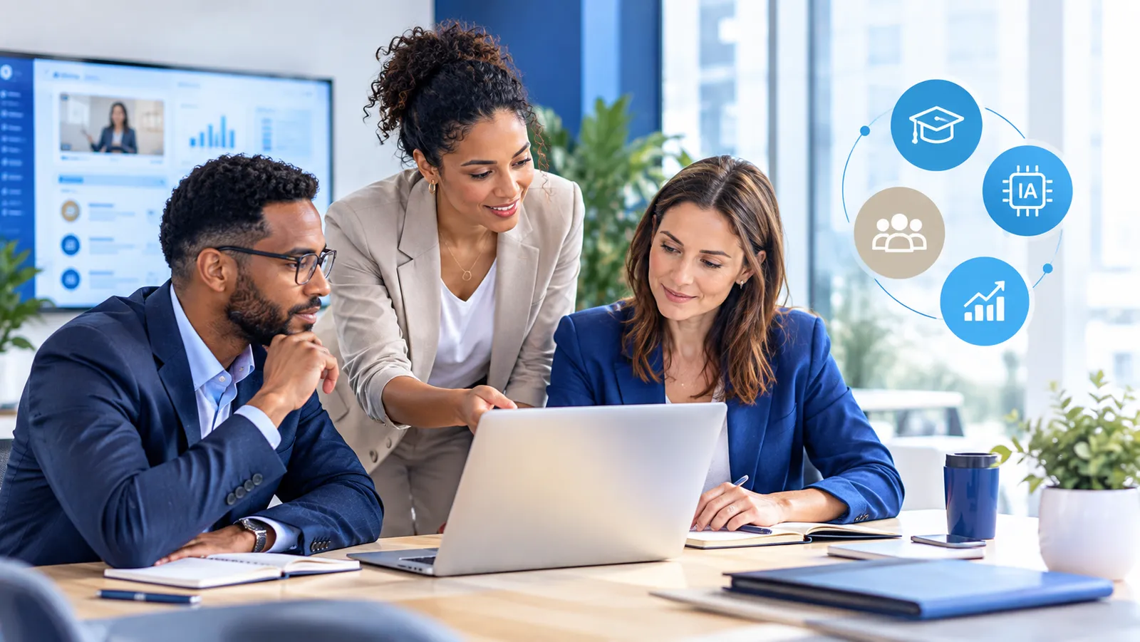 Three professionals collaborate around a laptop in a bright open-plan office: a woman in a beige blazer points at the screen as two colleagues join her, with connected icons on the right representing training, teams, artificial intelligence and performance