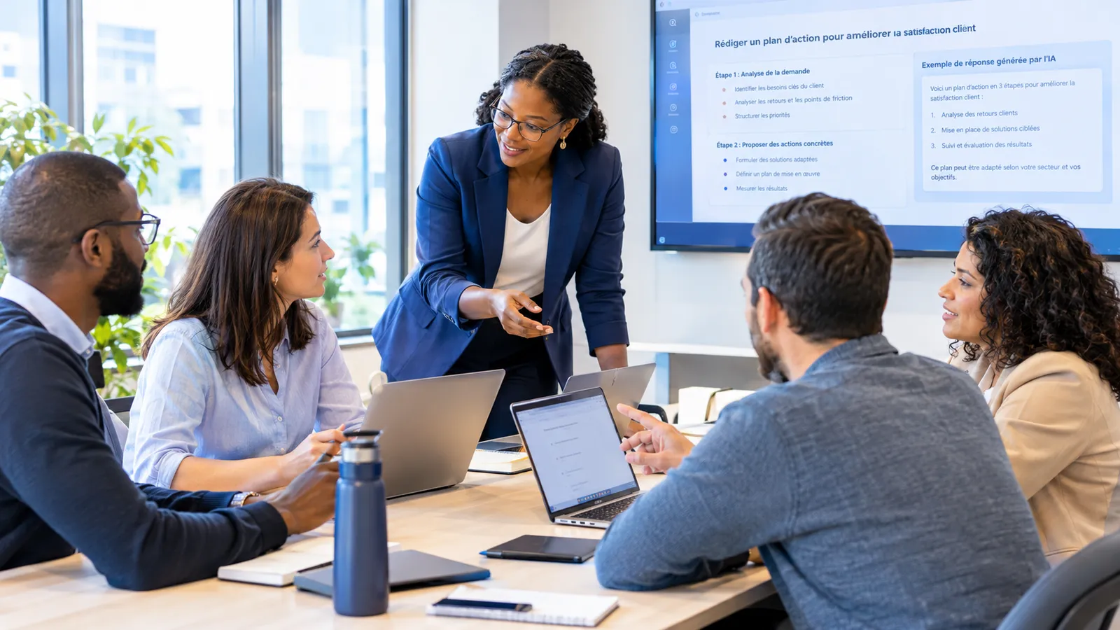 In-person training session: a trainer in a blue blazer leads five participants seated around a light wood table with open laptops, in front of a wall-mounted screen showing an action plan to improve customer satisfaction