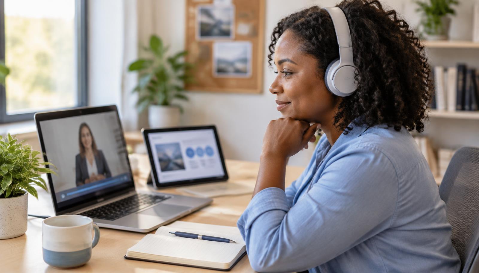 A professional wearing headphones takes an online training module on a laptop, with a tablet and an open notebook on her desk