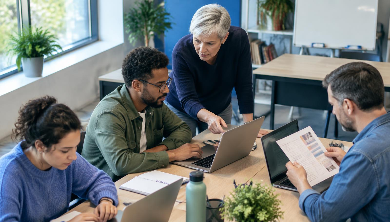A trainer supports employees during a practical workshop on artificial intelligence