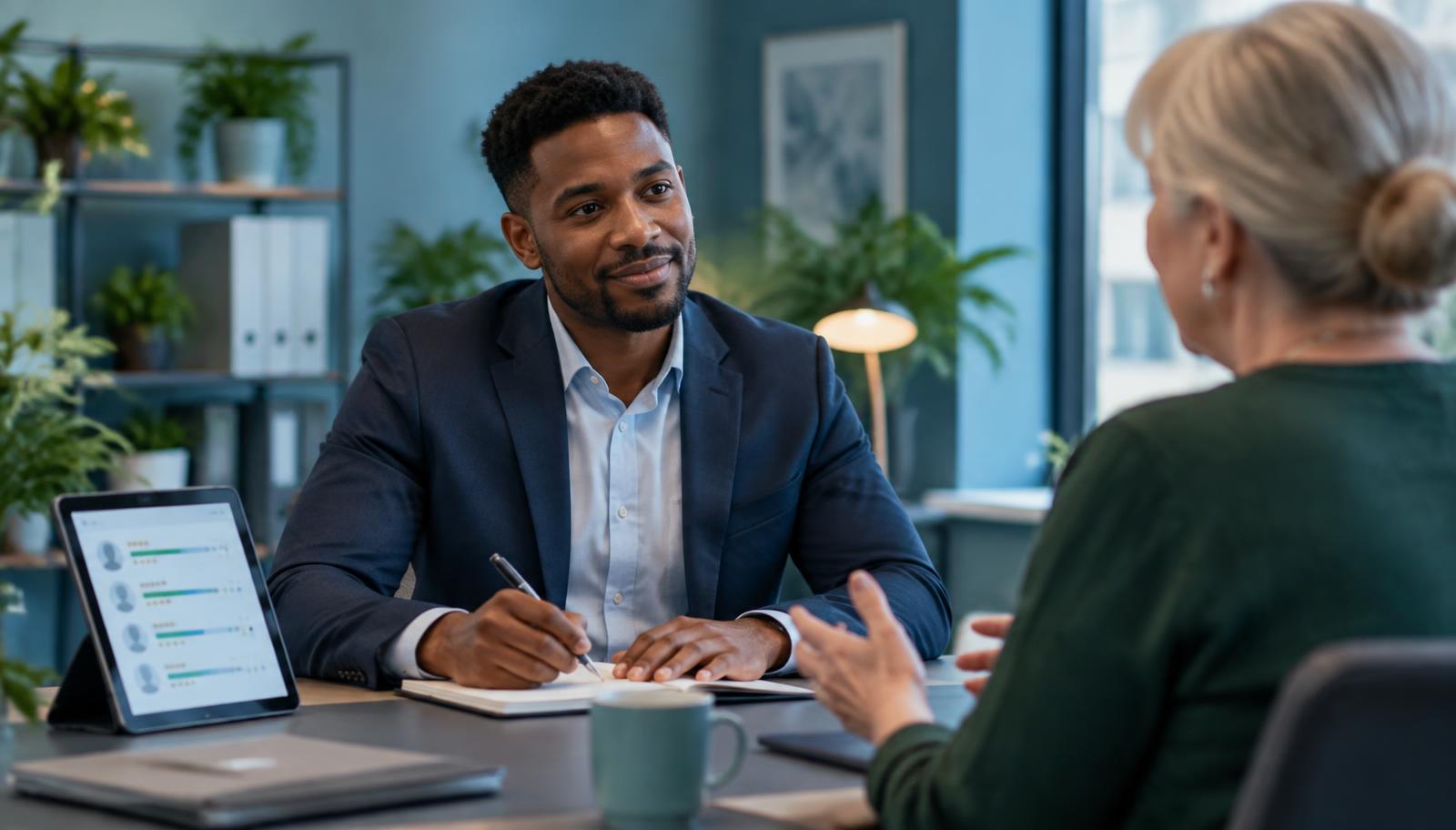 A recruiter conducts a person-to-person interview with a female candidate following assisted shortlisting